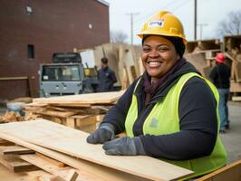 foto tiro do uma natural mulher trabalhando Como uma construção trabalhador ai generativo