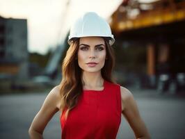 foto tiro do uma natural mulher trabalhando Como uma construção trabalhador ai generativo