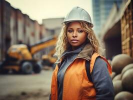 foto tiro do uma natural mulher trabalhando Como uma construção trabalhador ai generativo