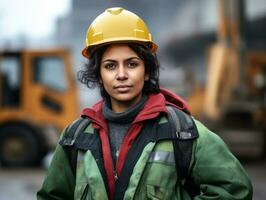 foto tiro do uma natural mulher trabalhando Como uma construção trabalhador ai generativo