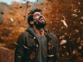 foto do emocional dinâmico pose brasileiro homem dentro outono ai generativo