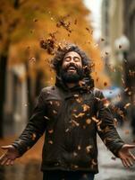 foto do emocional dinâmico pose brasileiro homem dentro outono ai generativo