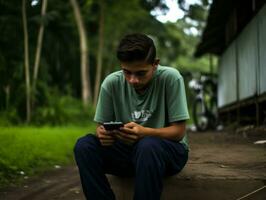 adolescente a partir de Colômbia usando uma Smartphone para jogando jogos ai generativo foto