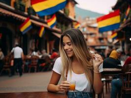 mulher a partir de Colômbia usando Smartphone para conectados comunicação ai generativo foto