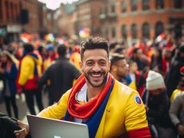 colombiano homem trabalhando em uma computador portátil dentro uma vibrante urbano configuração ai generativo foto