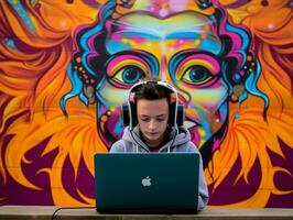colombiano adolescente trabalhando em uma computador portátil dentro uma vibrante urbano configuração ai generativo foto