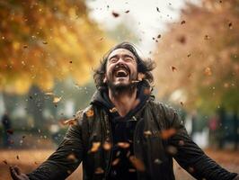 europeu homem dentro emocional dinâmico pose em outono fundo ai generativo foto