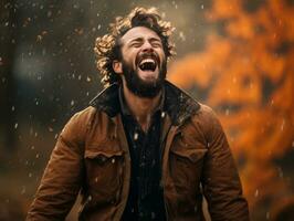 europeu homem dentro emocional dinâmico pose em outono fundo ai generativo foto