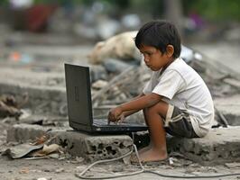 colombiano criança trabalhando em uma computador portátil dentro uma vibrante urbano configuração ai generativo foto