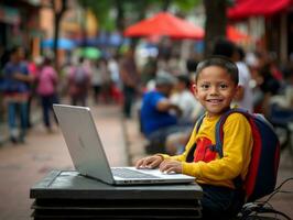 colombiano criança trabalhando em uma computador portátil dentro uma vibrante urbano configuração ai generativo foto