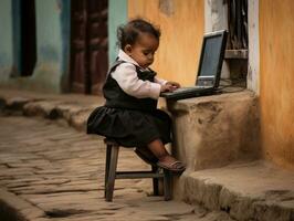 colombiano criança trabalhando em uma computador portátil dentro uma vibrante urbano configuração ai generativo foto