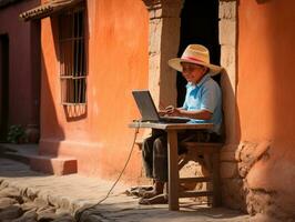 colombiano criança trabalhando em uma computador portátil dentro uma vibrante urbano configuração ai generativo foto