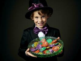 criança dentro dia das Bruxas traje segurando uma tigela do doce com pernicioso sorrir ai generativo foto