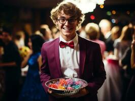 homem dentro dia das Bruxas traje segurando uma tigela do doce com pernicioso sorrir ai generativo foto