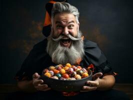 homem dentro dia das Bruxas traje segurando uma tigela do doce com pernicioso sorrir ai generativo foto