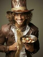 homem dentro dia das Bruxas traje segurando uma tigela do doce com pernicioso sorrir ai generativo foto