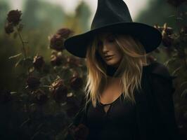 mulher vestido Como uma bruxa para dia das Bruxas ai generativo foto