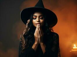 mulher vestido Como uma bruxa para dia das Bruxas ai generativo foto