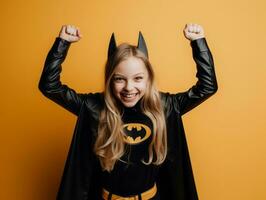 mulher dentro uma dia das Bruxas traje com uma brincalhão pose ai generativo foto