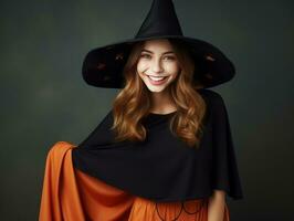 mulher dentro uma dia das Bruxas traje com uma brincalhão pose ai generativo foto