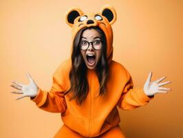 mulher dentro uma dia das Bruxas traje com uma brincalhão pose ai generativo foto