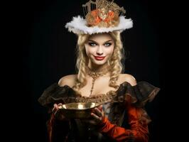 mulher dentro uma dia das Bruxas traje segurando uma tigela do doce com pernicioso sorrir ai generativo foto