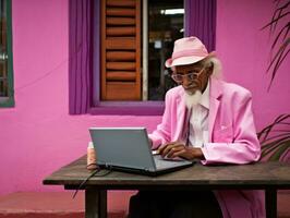 velho colombiano homem trabalhando em uma computador portátil dentro uma vibrante urbano configuração ai generativo foto