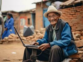 velho colombiano homem trabalhando em uma computador portátil dentro uma vibrante urbano configuração ai generativo foto