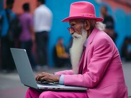 velho colombiano homem trabalhando em uma computador portátil dentro uma vibrante urbano configuração ai generativo foto