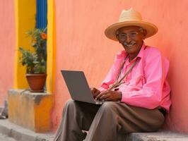 velho colombiano homem trabalhando em uma computador portátil dentro uma vibrante urbano configuração ai generativo foto