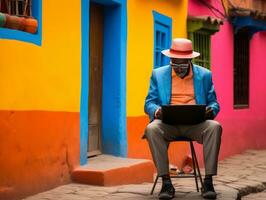 velho colombiano homem trabalhando em uma computador portátil dentro uma vibrante urbano configuração ai generativo foto