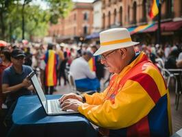 velho colombiano homem trabalhando em uma computador portátil dentro uma vibrante urbano configuração ai generativo foto