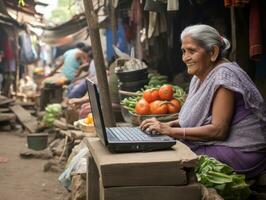 velho colombiano mulher trabalhando em uma computador portátil dentro uma vibrante urbano configuração ai generativo foto