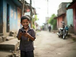 criança a partir de Colômbia usando Smartphone para jogando jogos ai generativo foto