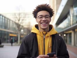 homem a partir de Colômbia usando Smartphone para conectados comunicação ai generativo foto