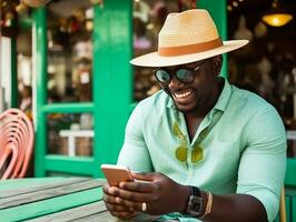 homem a partir de Colômbia usando Smartphone para conectados comunicação ai generativo foto