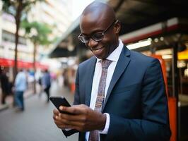 homem a partir de Colômbia usando Smartphone para conectados comunicação ai generativo foto