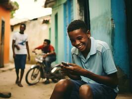 adolescente a partir de Colômbia usando uma Smartphone para jogando jogos ai generativo foto