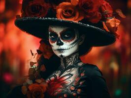 mulher dentro vibrante calavera Maquiagem comemora a dia do morto ai generativo foto