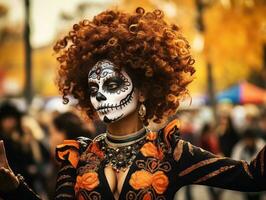 mulher dentro vibrante calavera Maquiagem comemora a dia do morto ai generativo foto