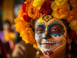 mulher dentro vibrante calavera Maquiagem comemora a dia do morto ai generativo foto