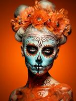 mulher dentro vibrante calavera Maquiagem comemora a dia do morto ai generativo foto