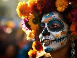 mulher dentro vibrante calavera Maquiagem comemora a dia do morto ai generativo foto