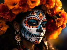 mulher dentro vibrante calavera Maquiagem comemora a dia do morto ai generativo foto