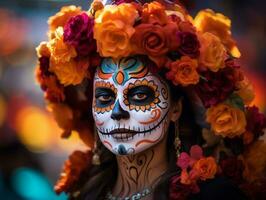 mulher dentro vibrante calavera Maquiagem comemora a dia do morto ai generativo foto