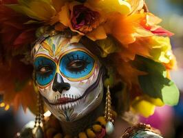 mulher dentro vibrante calavera Maquiagem comemora a dia do morto ai generativo foto