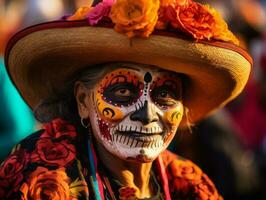 mulher dentro vibrante calavera Maquiagem comemora a dia do morto ai generativo foto