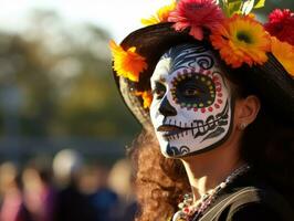 mulher dentro vibrante calavera Maquiagem comemora a dia do morto ai generativo foto