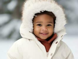 africano americano criança goza a inverno Nevado dia dentro brincalhão emocional dinâmico pose ai generativo foto