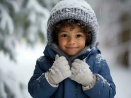 africano americano criança goza a inverno Nevado dia dentro brincalhão emocional dinâmico pose ai generativo foto